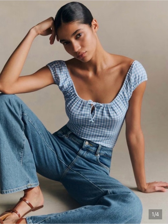 Sezane Tops - Sezane Light Blue Gingham Ruffle-Sleeve Tie-Neck Top